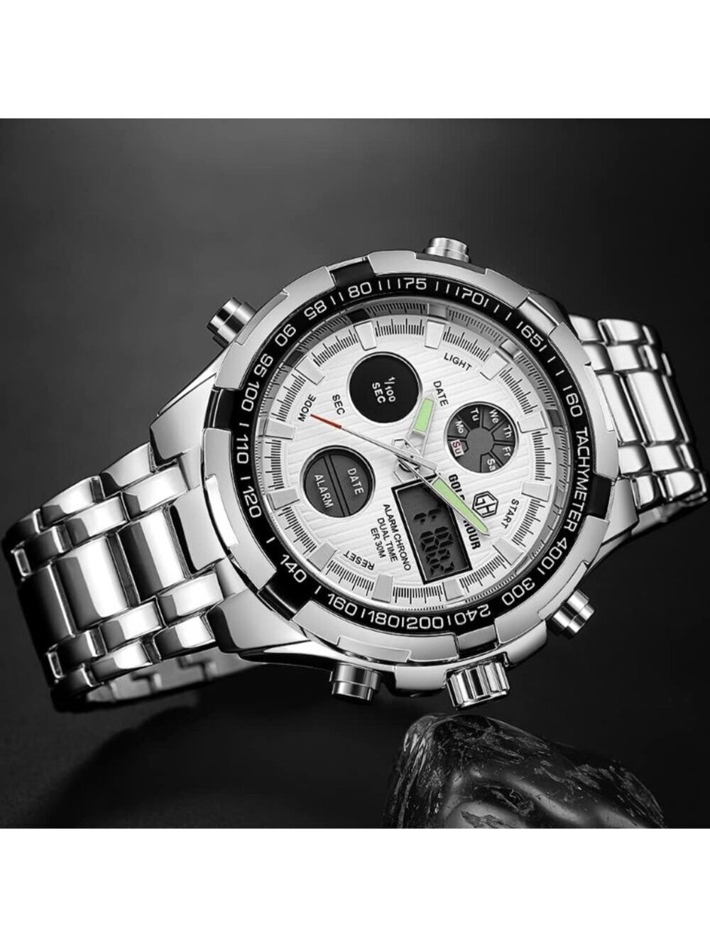 Mens Silver Stainless Steel Analog Digital Outdoor Sport Waterproof Luxury Watch - Picture 4 of 6